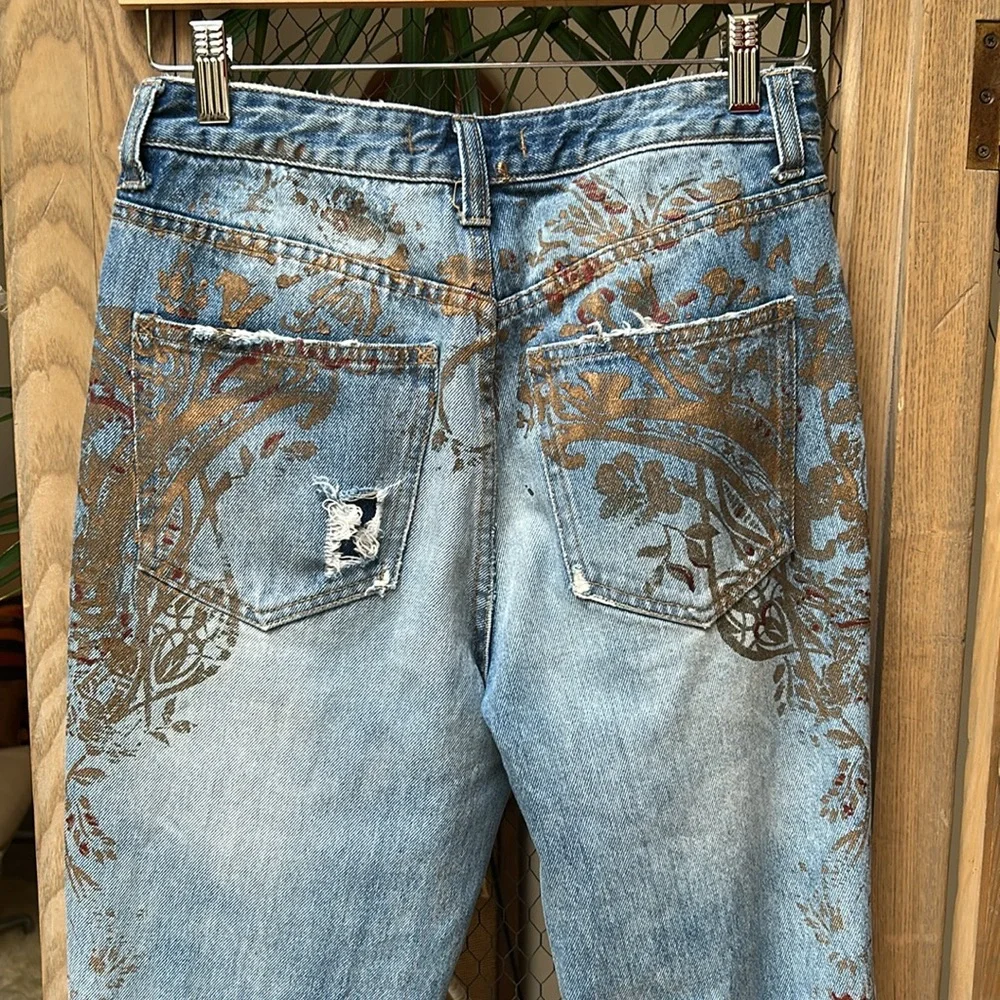 Free People Distressed Gold Paint Stencil Denim Jeans